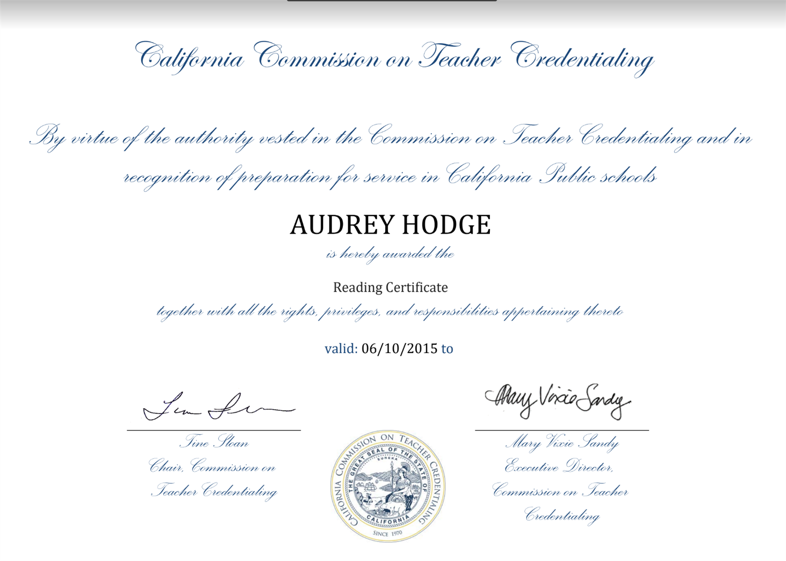 reading certificate 